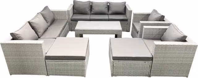 Fimous Rattan Outdoor Garden Furniture Set in Light Grey with 2 Armchairs, Oblong Coffee Table and 2 Footstools – 1