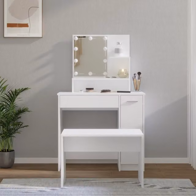 Berkfield Home Modern Hollywood LED Dressing Table Set in White Matt MDF – 1