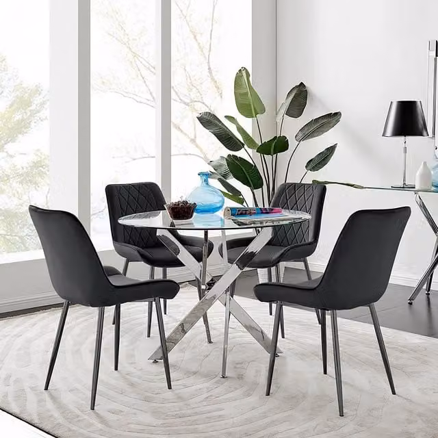 FurnitureboxUK Novara Round Glass Dining Table and 4 Pesaro Black Leg Chairs, Diameter: 100 cm