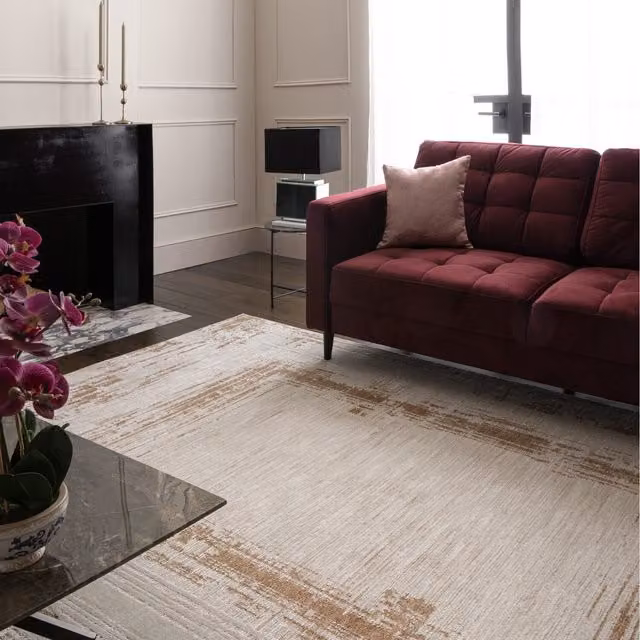 Furniturebox UK Strata Gold Cream Sketched Border Rug in Gold and Beige, W: 300 cm, D: 200 cm