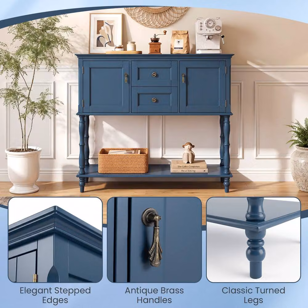 Gymax Blue Pine Wood Console Table with 2 Drawers – 6