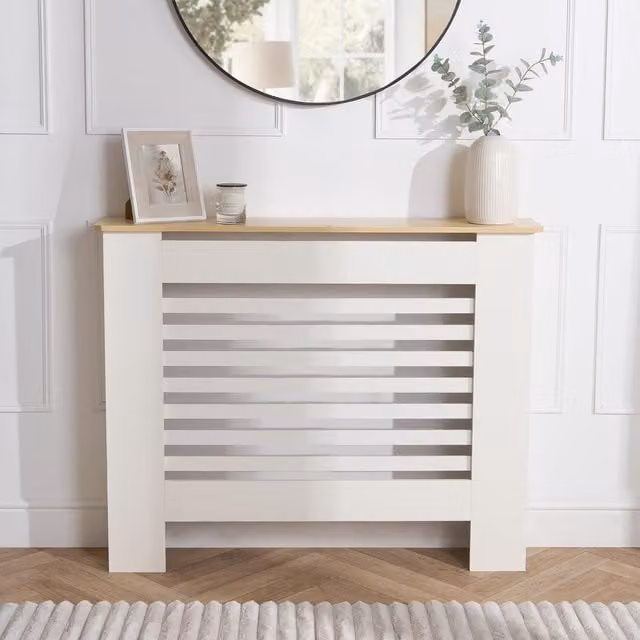 OHS Modern Engineered Wood Radiator Cover with Hallway Shelf in Cream – 1