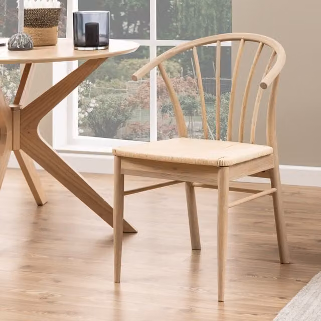 Furniture To Go Cassandra Pair of Scandinavian Oak Dining Chairs in Beige Fabric