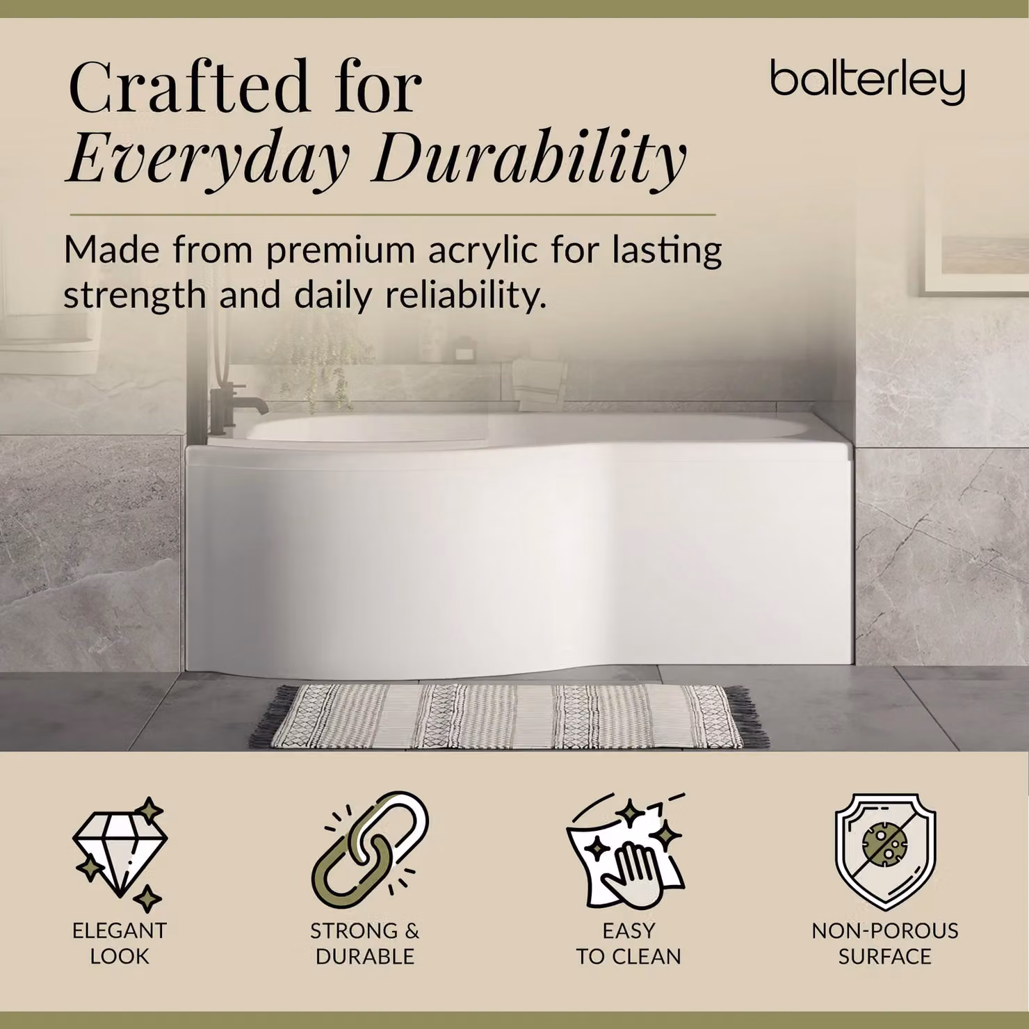 Balterley P Shape Left Hand Asymmetric Acrylic Bath with Apron and Black Curved Screen, White – 1