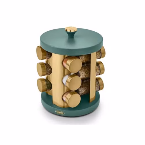 Tower Cavaletto 12 Jar Rotating Spice Rack with Pre-Filled Spices, Green and Gold, W/D/H: 19 x 19 x 25 cm