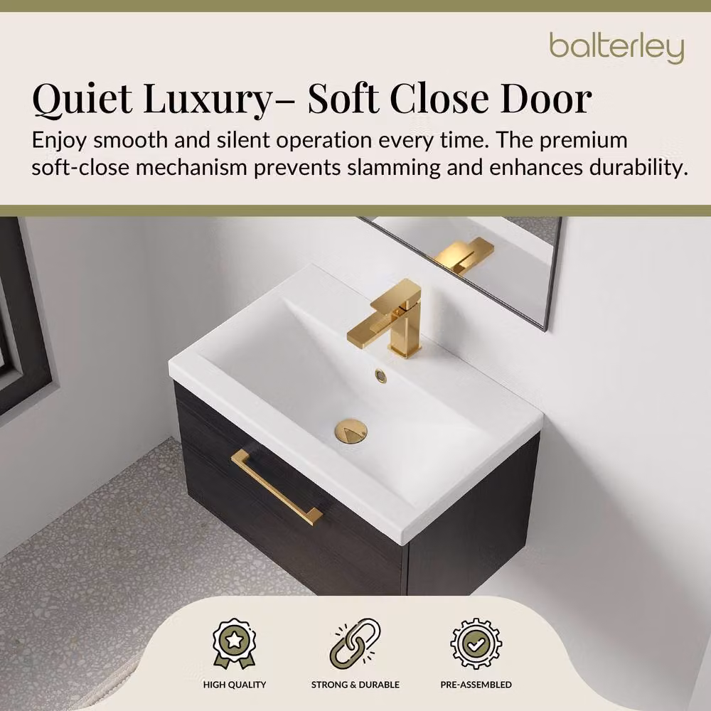 Balterley 600mm Wall Hung 1 Drawer Vanity Unit in Woodgrain Black with Black Brass Handle – 3