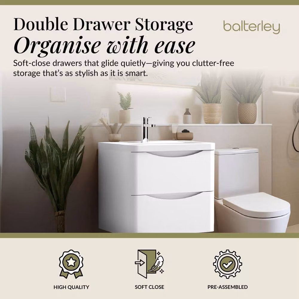Balterley White Wall Hung 2 Drawer Bathroom Vanity with Polymarble Basin, W: 60 cm, D: 54 cm, H: 60 cm – 2