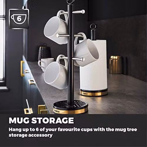 Tower Empire Freestanding Mug Tree and Towel Pole Set in Black and Bronze, Stainless Steel with Anti-Slip Base, H 40.5 cm x W 13.5 cm x D 13.5 cm – 3