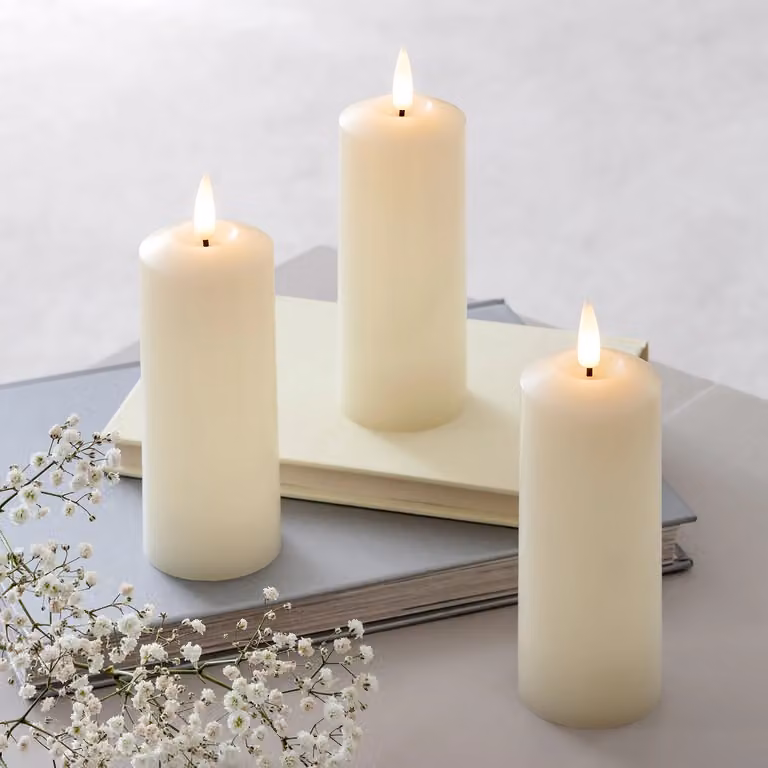 TruGlow® Beige LED Slim Pillar Candle Trio with Remote Control, Flicker Effect and Timer