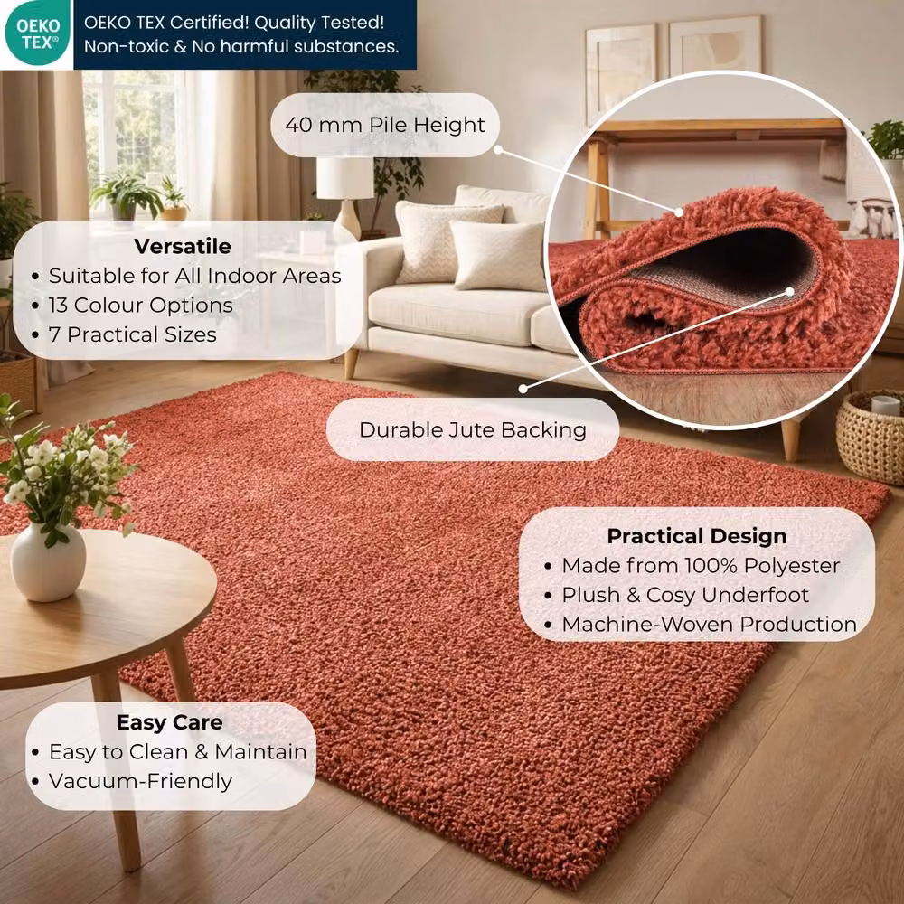 Desire Rugs Ainsley Modern Plain Round Shaggy Area Rug in Red, Diameter: 120 cm – 2
