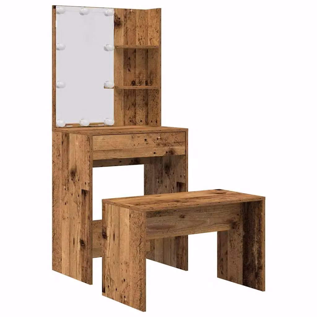 Berkfield Home Hollywood LED Dressing Table Set in Brown Rustic Old Wood – 2