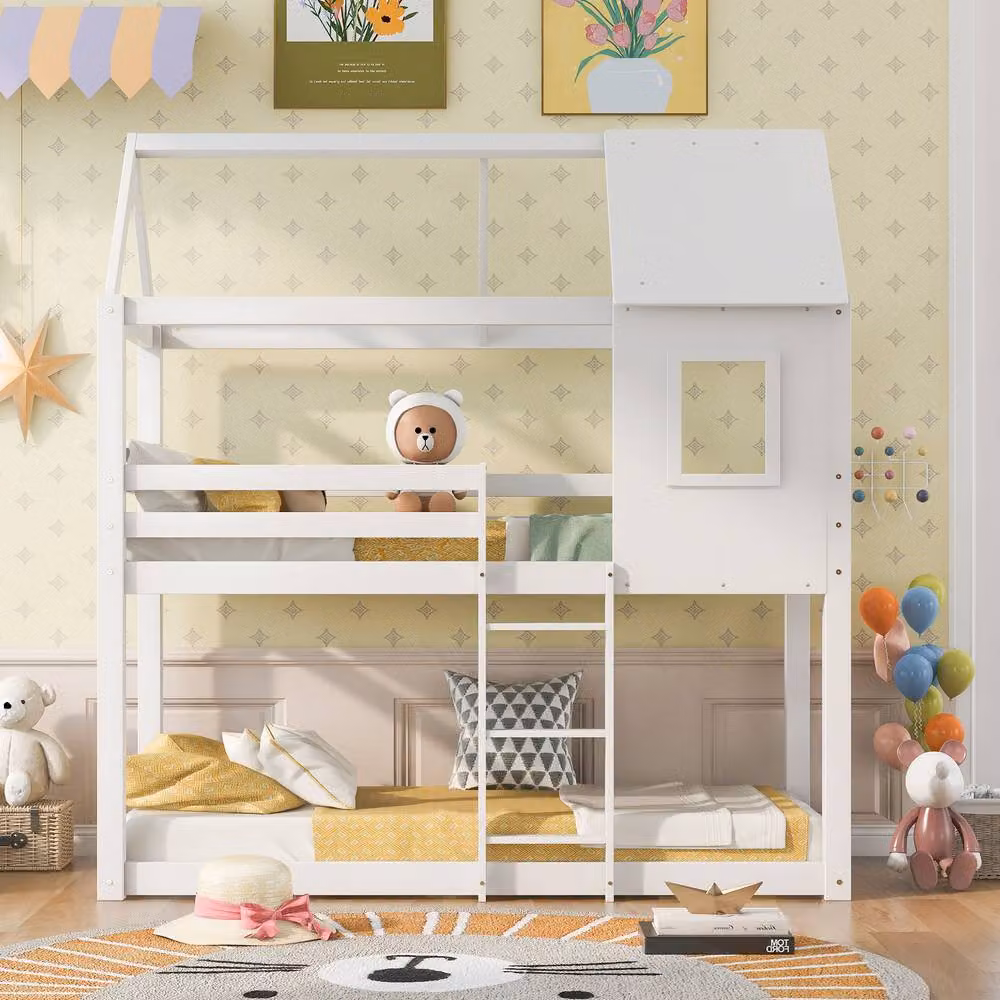 ModernLuxe White Wooden Single Over Single Bunk Bed for Kids with Solid Pine Frame, H 221 x W 120 x D 94 cm – 2