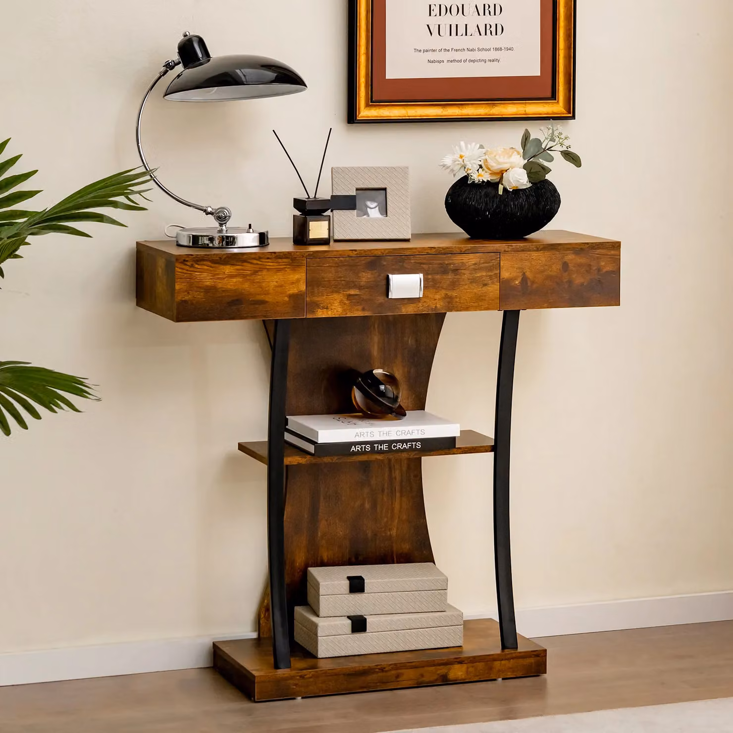 Costway T-Shaped Industrial Console Table and Narrow Sofa Side Table with Display Shelves in Brown – 3