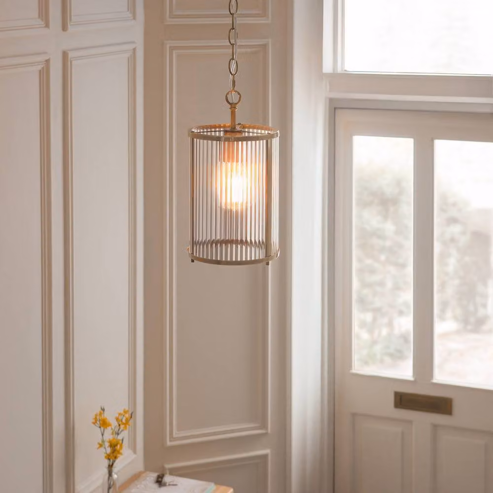 Netlighting Ridgeton Slim Pendant Light with Gold Brass Plate and Transparent Ribbed Glass, E27 – 2
