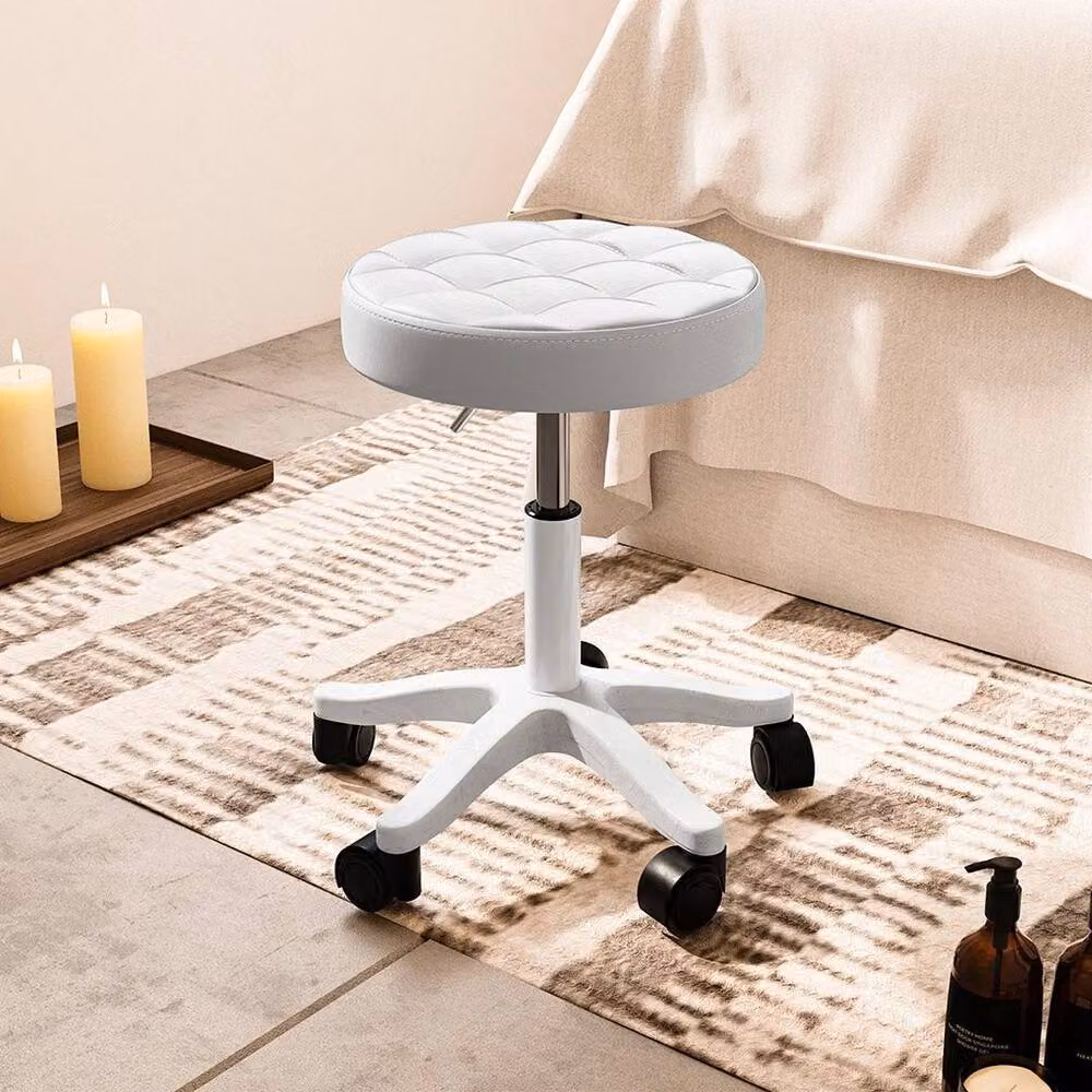 KORVIXA Adjustable Swivel Salon Stool in White with Synthetic Leather and Castors – 2
