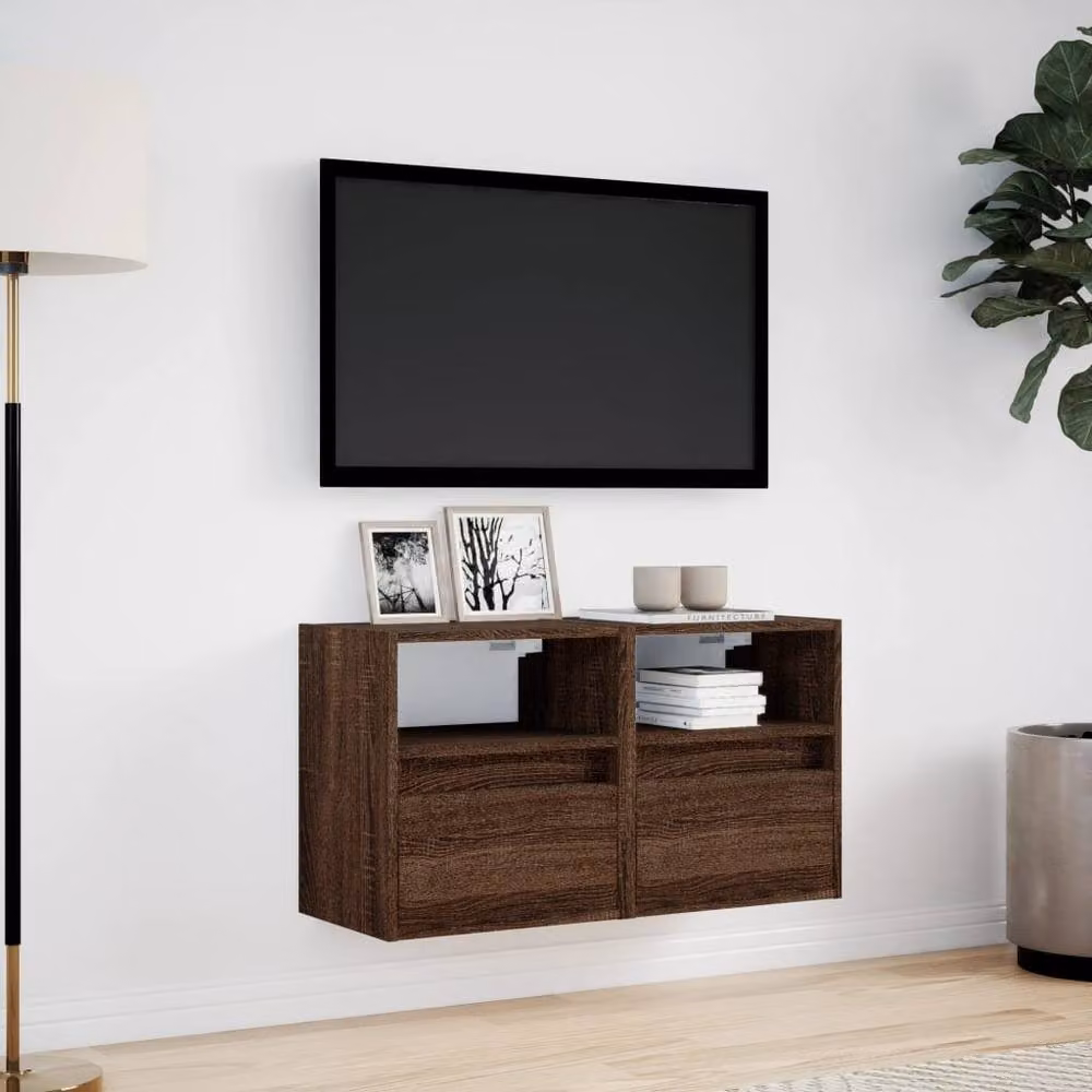 Berkfield Home Set of 2 Modern TV Wall Cabinets with LED Lights in Brown Oak, W/D/H: 41 x 31 x 45 cm – 3