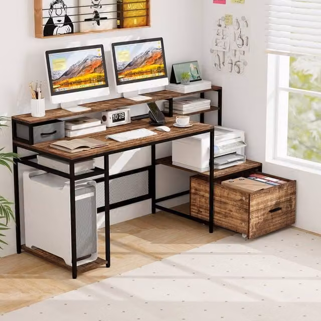 Costway Brown Computer Desk with Monitor Stand and File Drawer – 1