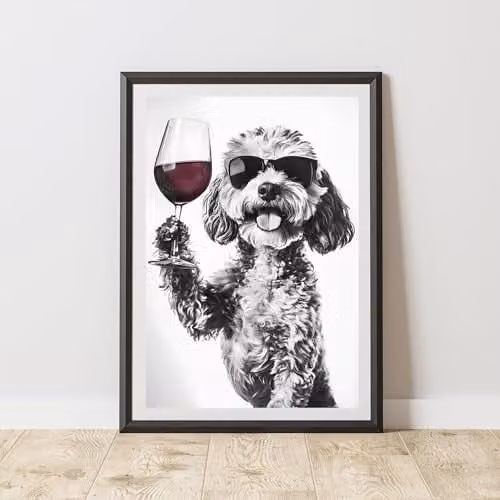 60 Second Makeover Funny Cockapoo Drinking Wine Paper Poster, Black and White, A4