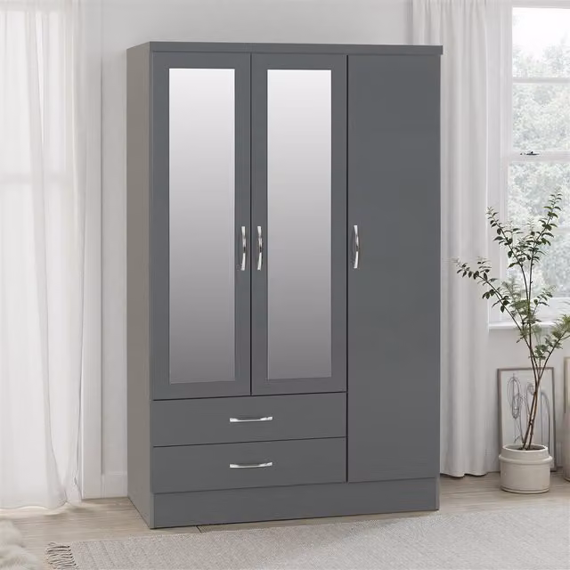 Seconique Nevada 3 Door 2 Drawer Wardrobe in Grey Gloss