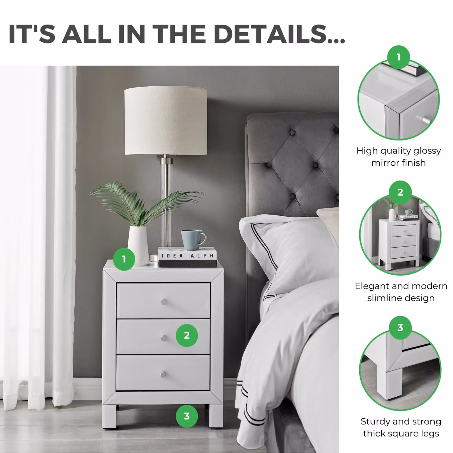 FurnitureboxUK Lexi Large Wooden Bedside Table with 3 Drawers and Modern White Mirrored Finish – 4