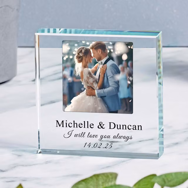 Uniqueful Personalised Photo Glass Token Wedding Gift for Couples in Transparent and Beige