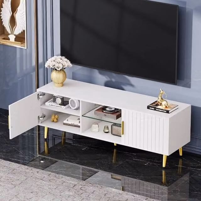 FORGEVIO Modern White TV Unit with Integrated Lighting, W: 140 cm, D: 48 cm, H: 40 cm – 1
