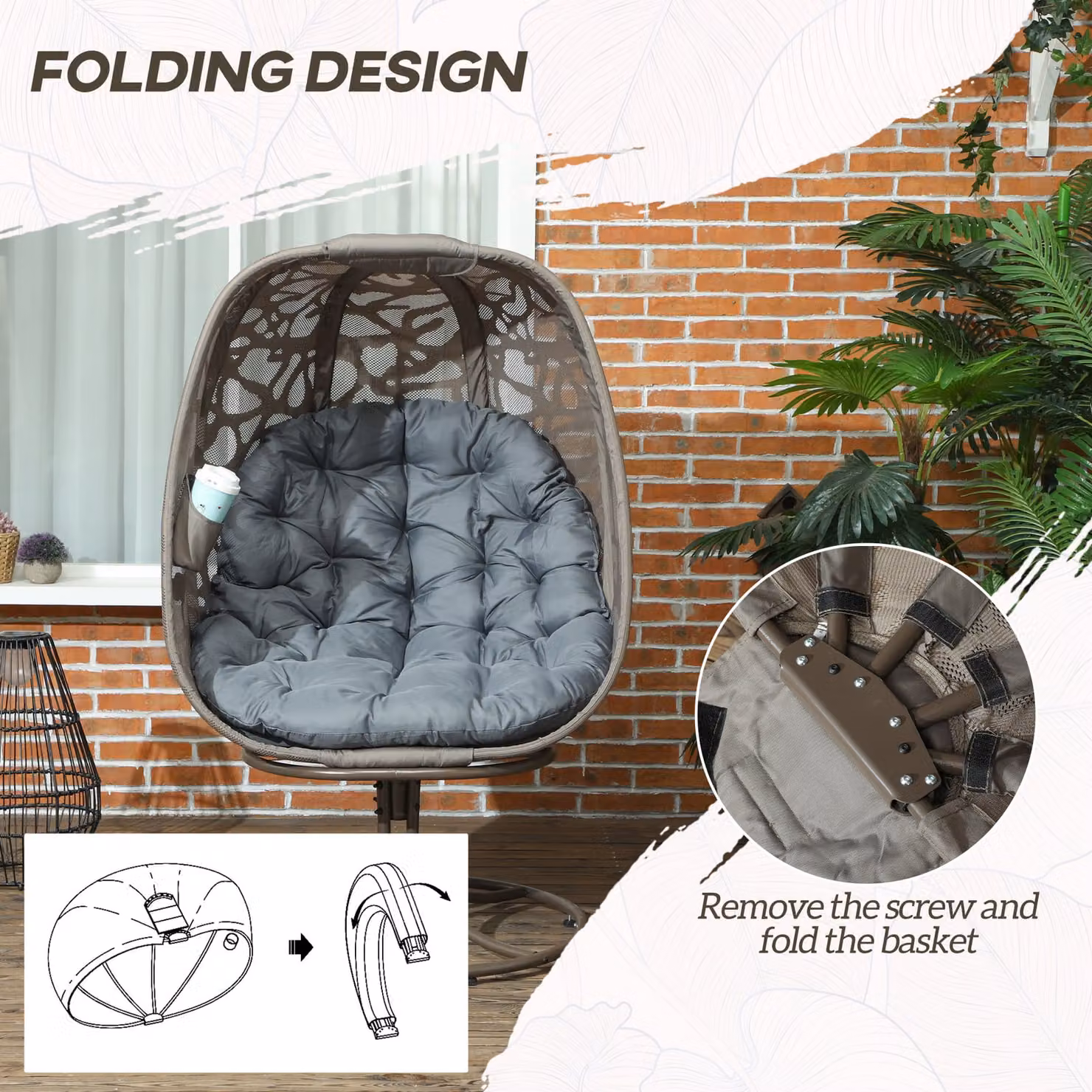 Outsunny Swivel Egg Chair with Cushions and Powder Coated Steel Frame, Grey – 5