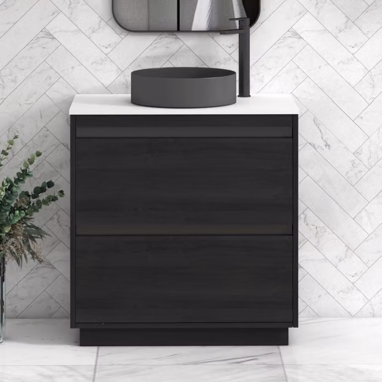 Royal Bathrooms Orion 800mm Hale Floor Standing Vanity Unit in White with Black Accent Trim and Art Round Basin