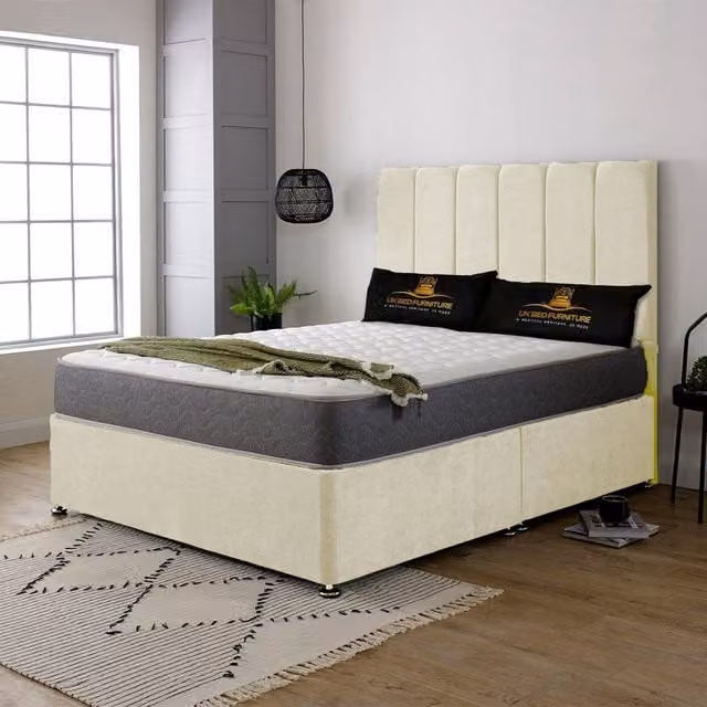UK Bed Furniture Savannah Divan Bed Base with 26 Inch Headboard in Beige, Double, W/D/H: 140 x 200 cm