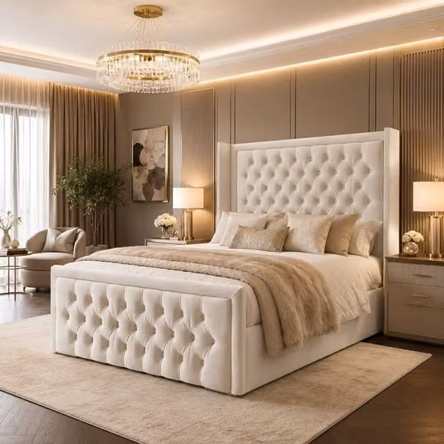 Desire Deco Luxury Wingback Chesterfield Bed Frame in Beige Velvet, Size: 90 x 200 cm – 1