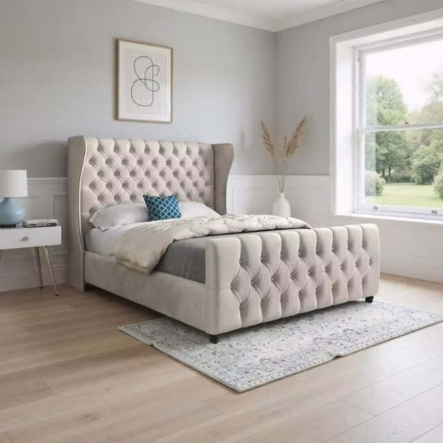 Casani Horsham Upholstered Designer Bed Frame in Beige Velvet, Size: 120 x 200 cm