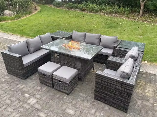 Fimous 10 Seater Rattan Garden Furniture Set with Gas Firepit and Dining Table in Dark Grey