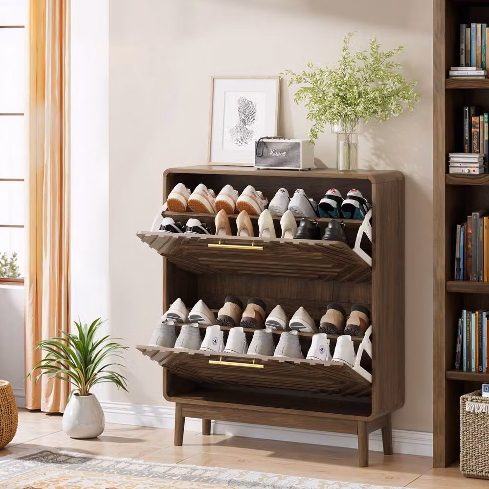 Merax Mid-Century Walnut Shoe Cabinet in Brown with Tilting Compartments and Internal Shelves, W: 80 cm, H: 95 cm, D: 24 cm – 2