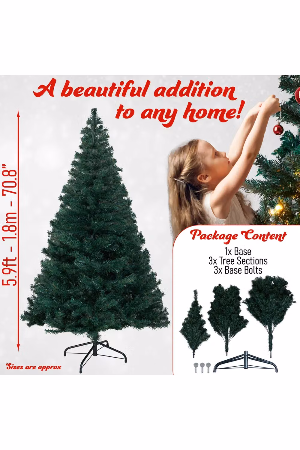 Deco Express Realistic Artificial Green Christmas Tree with Stand, H: 180 cm, W: 25.4 cm, D: 25.4 cm – 8