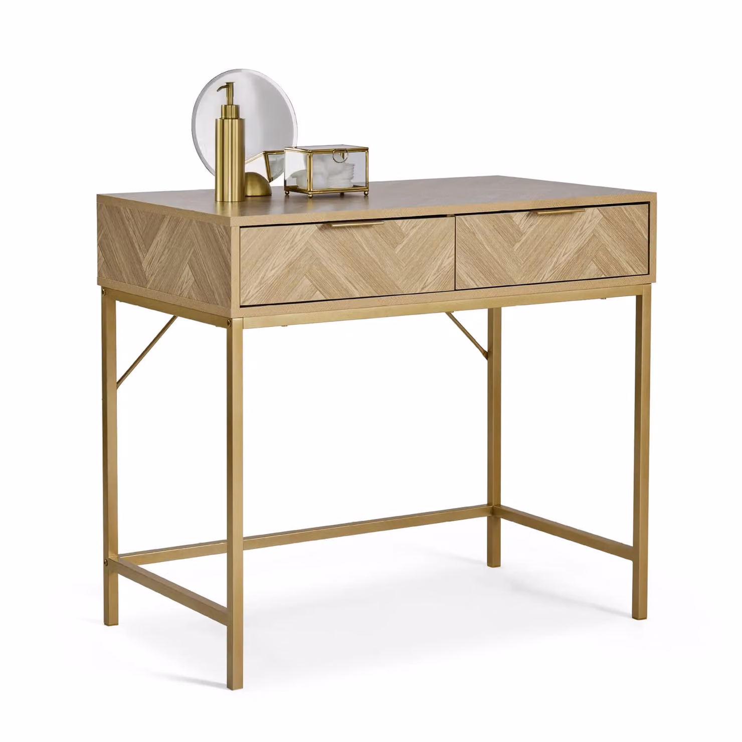 VonHaus Ducie 2 Drawer Herringbone Design Bedroom Dressing Table in Natural and Gold – 1