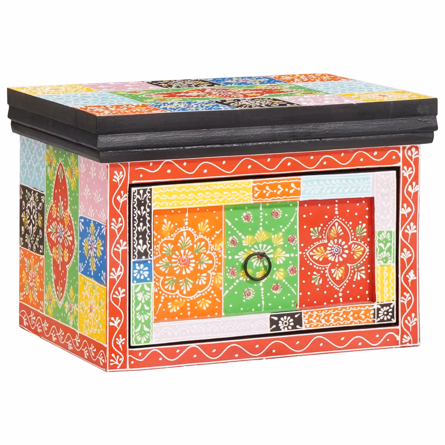 Berkfield Home Set of 2 Floral Bedside Cabinets in Multicolour and Gold, Mango and Engineered Wood, W: 40 cm, D: 30 cm, H: 28 cm – 2