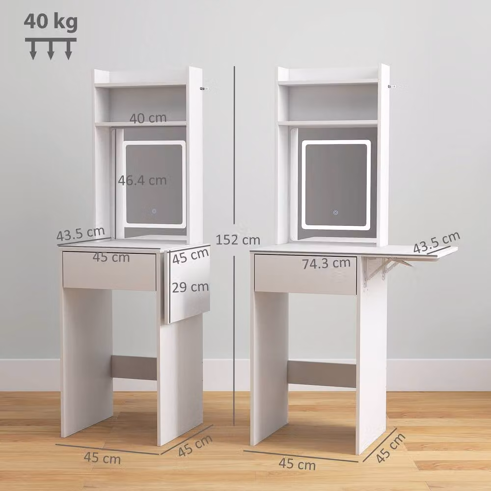 ERGOVEXA Small White Vanity Desk with LED Mirror and Drop Leaf Design – 2