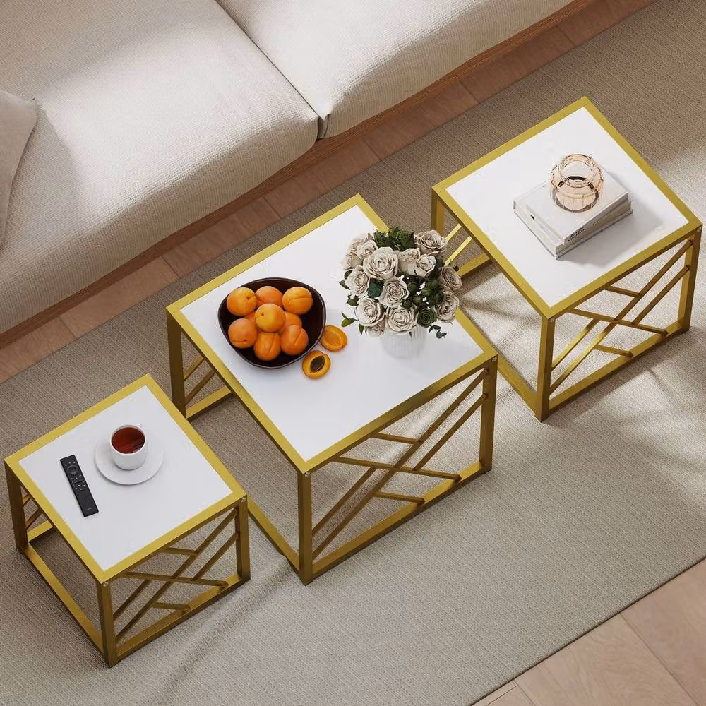 STILVORA Set of 3 Modern Square Nesting Tables with White Glossy MDF Tops and Metal X-Frame, W/D/H: 48 x 48 x 45 cm, 48 x 45 x 48 cm, 48 x 30 x 45 cm – 3