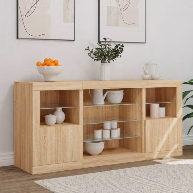Berkfield Home Sonoma Oak Sideboard with Integrated LED Lights in Light Tan, W/D/H: 142.5 x 37 x 67 cm – 1