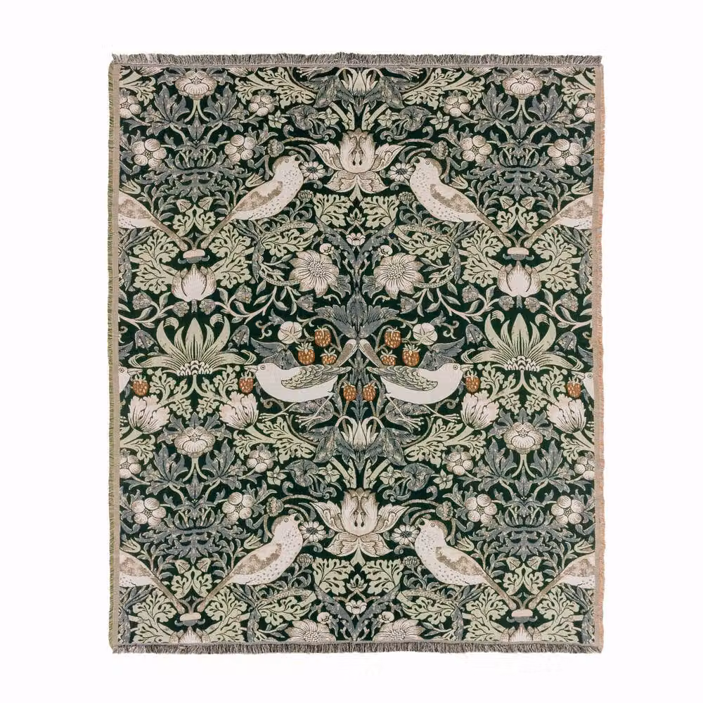 Morris & Co. Strawberry Thief Jacquard Throw with Fringes in Green, W: 130 cm, D: 170 cm – 2