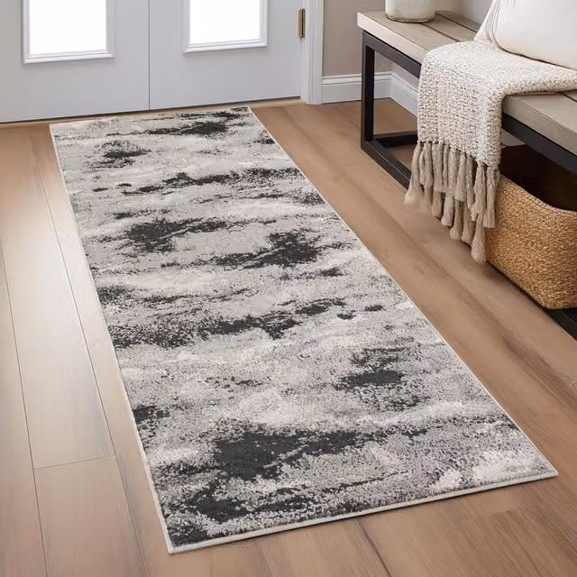 Elysium Modern Abstract Action Living Room Area Rug in Mist Grey and Gold, W: 220 cm, D: 60 cm