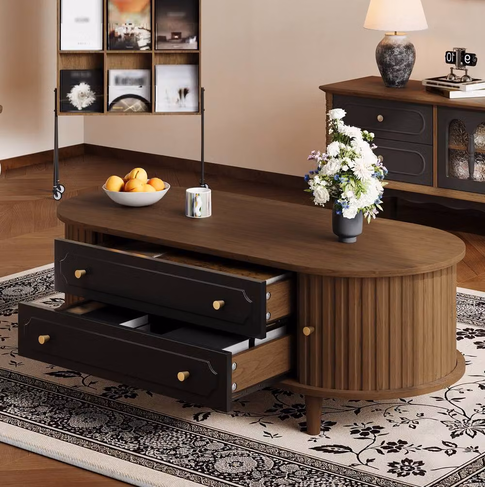 STILVORA Retro Wood Coffee Table with 2 Drawers, Brown and Black, W: 100 cm, D: 50 cm, H: 36 cm – 2