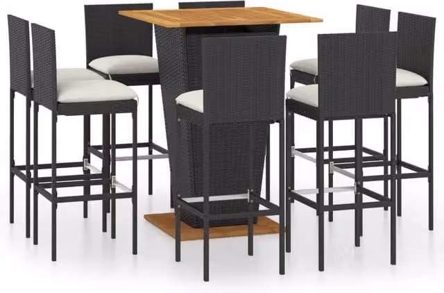 Berkfield Home 9 Piece Modern Garden Bar Set with Acacia Wood and Black Poly Rattan