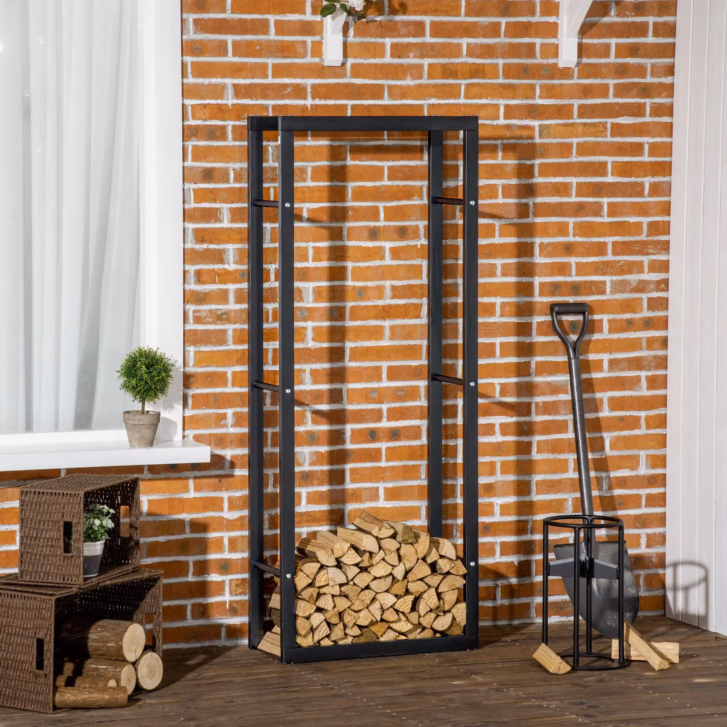 HOMCOM Metal Firewood Log Holder, Black, W: 60 cm, D: 25 cm, H: 150 cm – 2