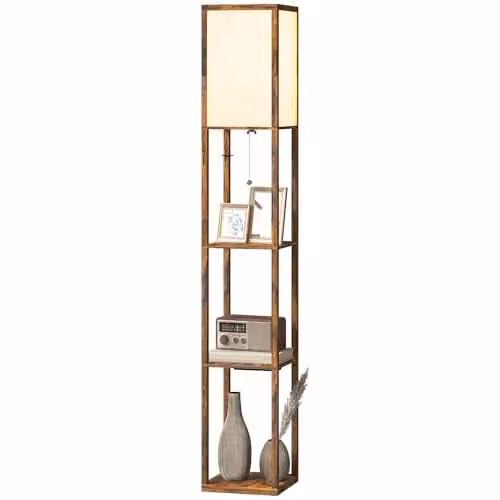 HOMCOM 4-Layer Rustic Brown Column Standing Floor Lamp with USB Ports and E27 Socket
