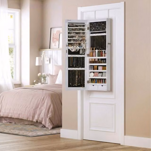 SONGMICS White Wall-Mounted Hanging Jewelry Cabinet with LED Lighting and Glass Doors