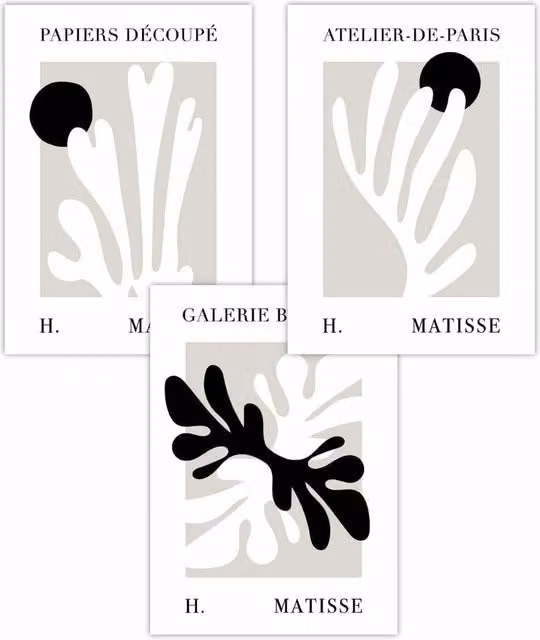 ARTZE Set of 3 Matisse Floral Cut Out Style Modern Art Posters in Black and Beige, W: 59 cm, H: 84 cm