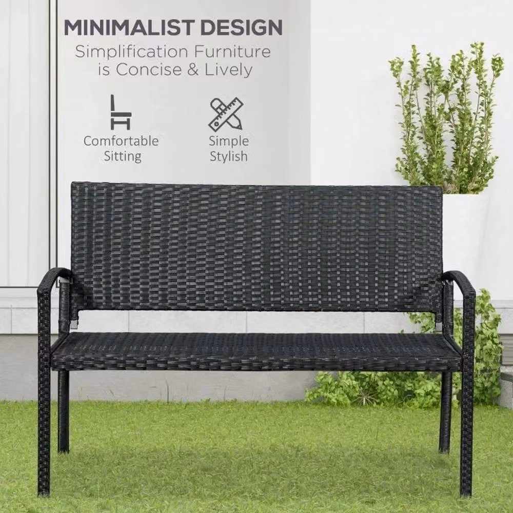 FLAVORA Black 2 Seater Rattan Garden Bench with Armrests and Cushions – 5