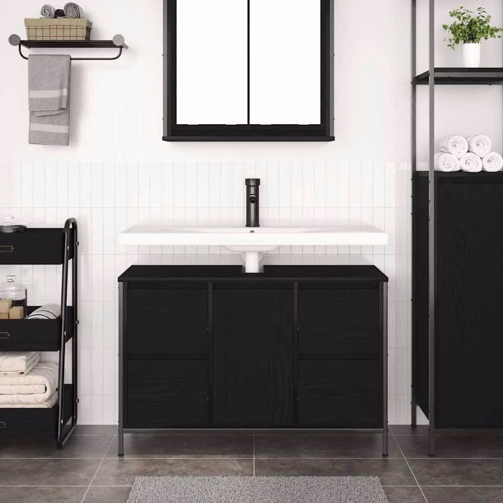 Berkfield Home Black Oak Basin Cabinet with Drawers W: 90 cm, D: 34.5 cm, H: 60 cm – 3