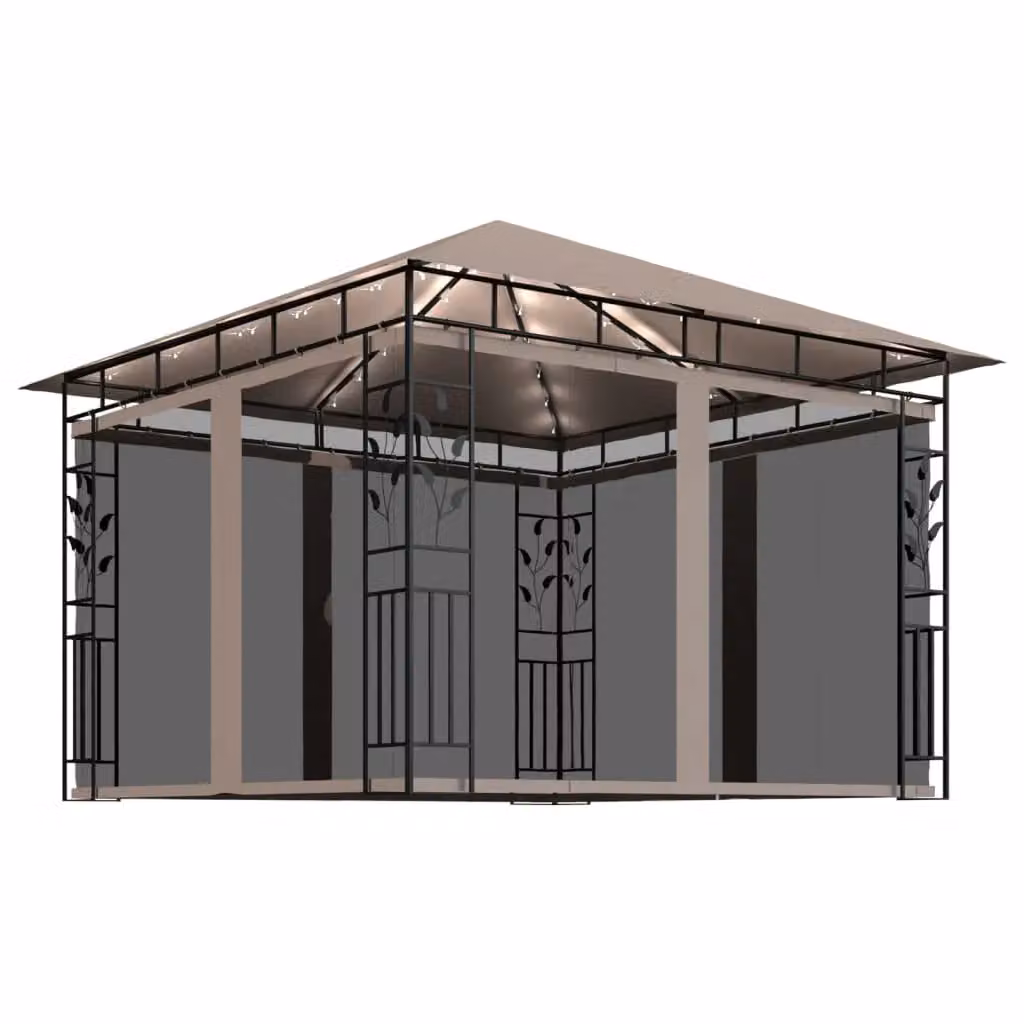 Berkfield Home Gazebo with Mosquito Net and LED String Lights, Beige, W: 300 cm, D: 300 cm, H: 273 cm – 2